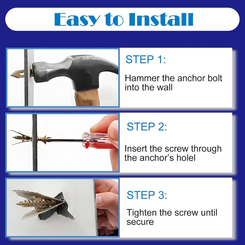 Tnisesm 100Pcs Self-Drilling Drywall Anchors with Screws, 2025 Upgraded Zinc Plated Steel for Heavy Duty, Metal Screw Anchors Kit, No Drill and Holes in Wall (3 Sizes) - Image 3
